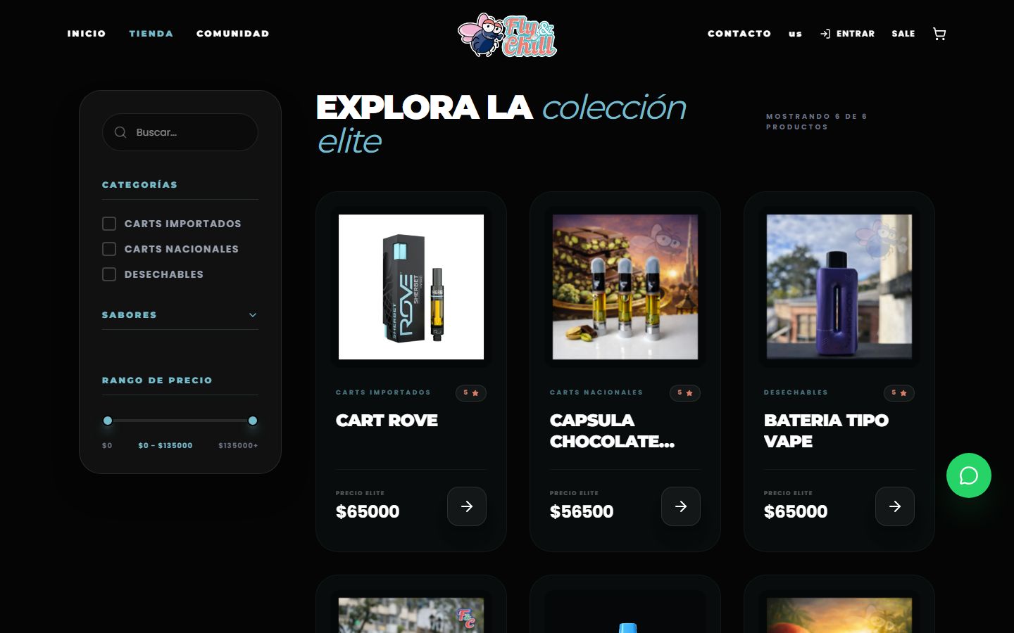 Tienda Fly & Chill: catálogo de productos con filtros de categoría y precio
